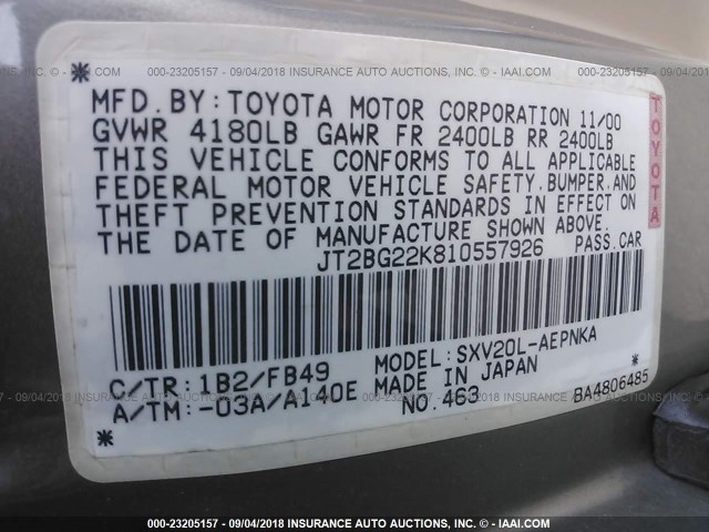 JT2BG22K810557926 - 2001 TOYOTA CAMRY CE/LE/XLE 金色 照片 9
