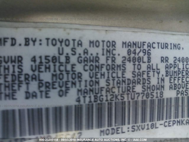 4T1BG12K5TU770518 - 1996 TOYOTA CAMRY DX/LE/XLE GOLD photo 9