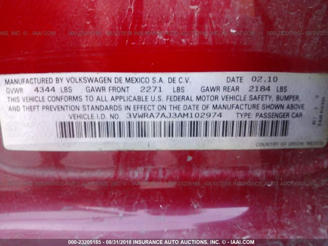 3VWRA7AJ3AM102974 - 2010 VOLKSWAGEN JETTA WOLFSBURG 红色 照片 9