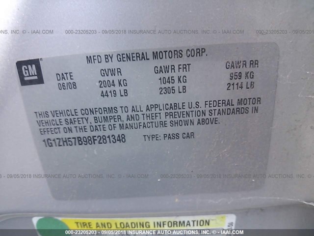 1G1ZH57B98F281348 - 2008 CHEVROLET MALIBU 1LT თაფლისფერი ფოტო 9