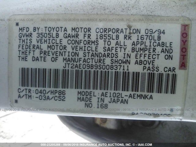 JT2AE09B9S0083711 - 1995 TOYOTA COROLLA LE/DX თეთრი ფოტო 9