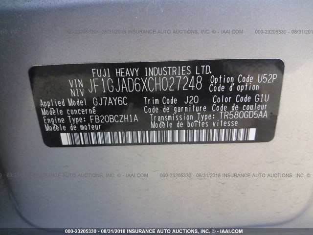 JF1GJAD6XCH027248 - 2012 SUBARU IMPREZA PREMIUM SILVER photo 9