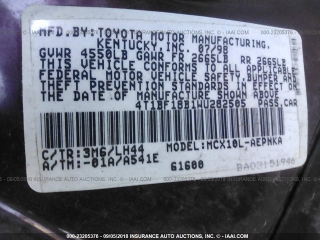 4T1BF18B1WU282505 - 1998 TOYOTA AVALON XL/XLS PURPLE photo 9