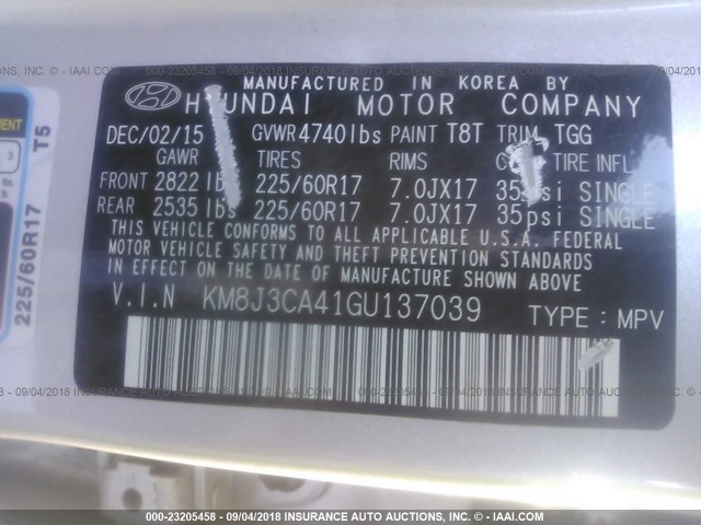 KM8J3CA41GU137039 - 2016 HYUNDAI TUCSON LIMITED/SPORT AND ECO/SE SILVER photo 9