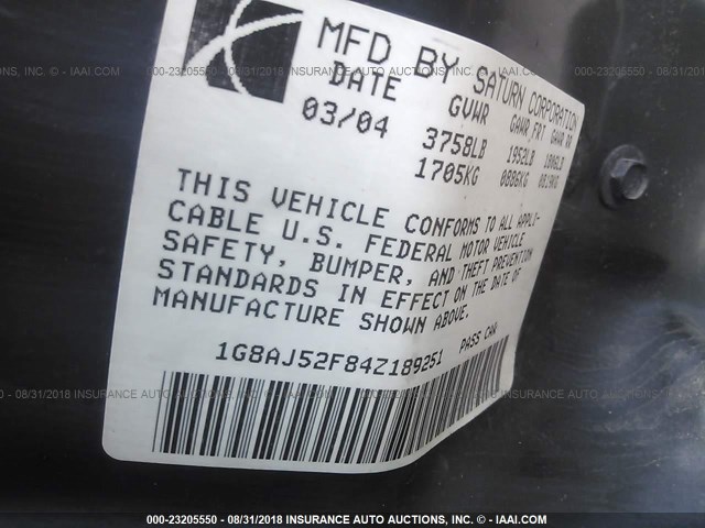 1G8AJ52F84Z189251 - 2004 SATURN ION LEVEL 2 银色 照片 9