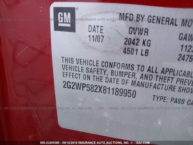 2G2WP582X81189950 - 2008 PONTIAC GRAND PRIX Червоний фото 9