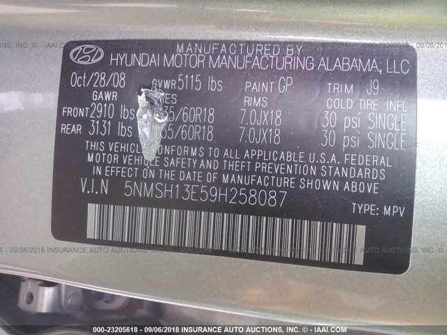 5NMSH13E59H258087 - 2009 HYUNDAI SANTA FE SE/LIMITED GRAY photo 9