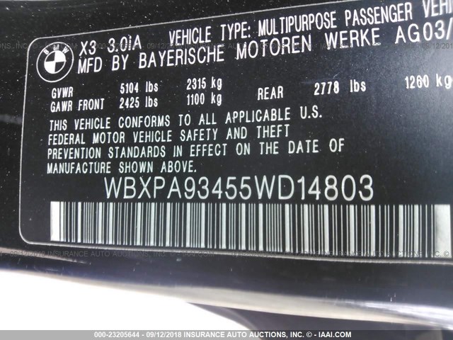 WBXPA93455WD14803 - 2005 BMW X3 3.0I BLACK photo 9