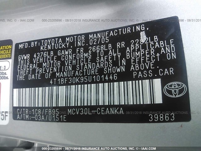 4T1BF30K95U101446 - 2005 TOYOTA CAMRY LE/XLE/SE 银色 照片 9