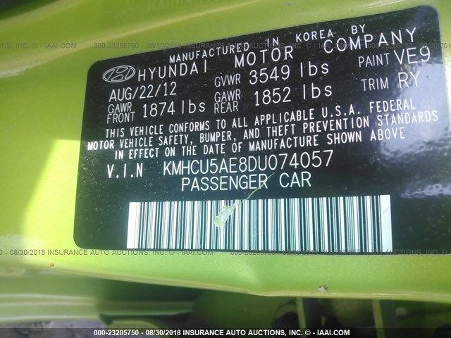 KMHCU5AE8DU074057 - 2013 HYUNDAI ACCENT GLS/SE GREEN photo 9