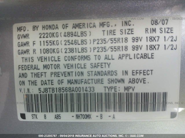 5J8TB18568A001433 - 2008 ACURA RDX SILVER photo 9