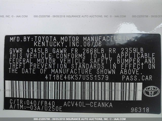 4T1BE46K57U551579 - 2007 TOYOTA CAMRY NEW GENERAT CE/LE/XLE/SE WHITE photo 9