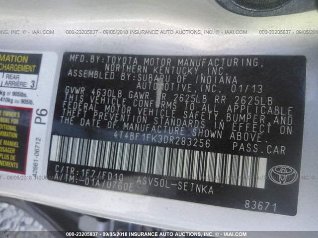 4T4BF1FK3DR283256 - 2013 TOYOTA CAMRY L/SE/LE/XLE SILVER photo 9