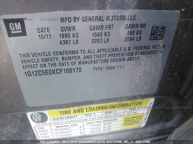 1G1ZC5E0XCF188170 - 2012 CHEVROLET MALIBU 1LT BEIGE photo 9