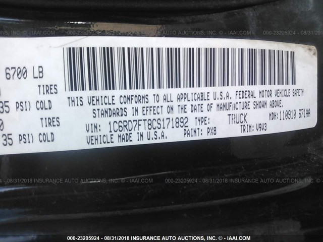 1C6RD7FT8CS171892 - 2012 DODGE RAM 1500 ST BLACK photo 9