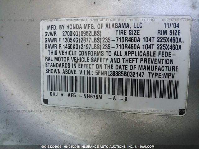 5FNRL38885B032147 - 2005 HONDA ODYSSEY TOURING SILVER photo 9