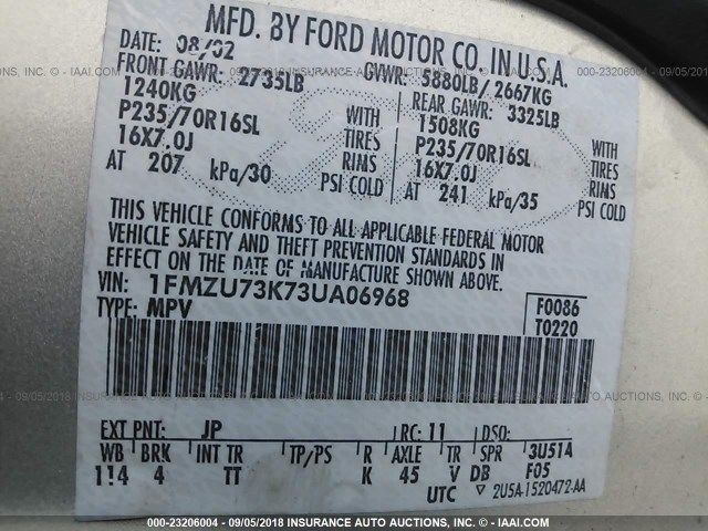 1FMZU73K73UA06968 - 2003 FORD EXPLORER XLT/XLT SPORT/NBX 银色 照片 9