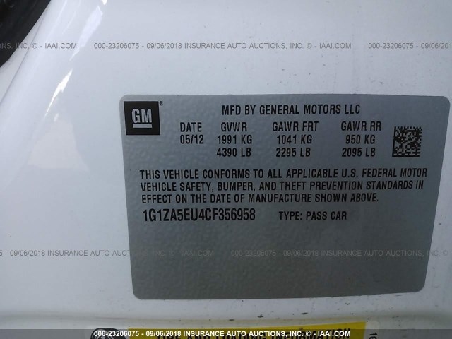 1G1ZA5EU4CF356958 - 2012 CHEVROLET MALIBU LS 白色 照片 9