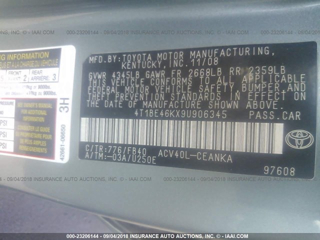 4T1BE46KX9U906345 - 2009 TOYOTA CAMRY SE/LE/XLE ღია ლურჯი ფოტო 9