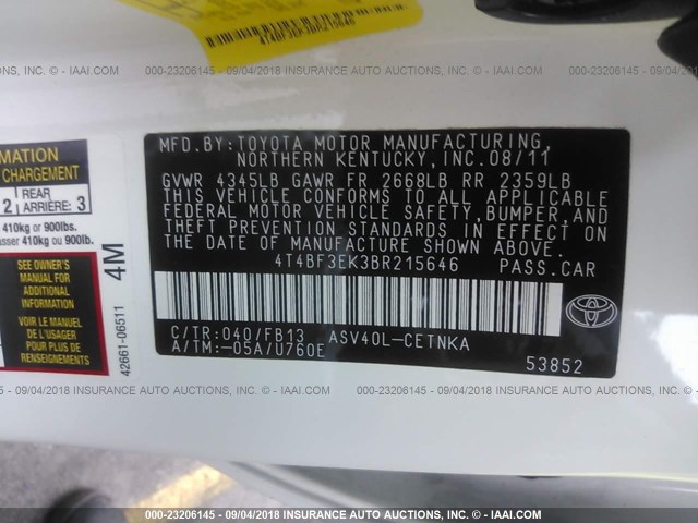 4T4BF3EK3BR215646 - 2011 TOYOTA CAMRY SE/LE/XLE WHITE photo 9