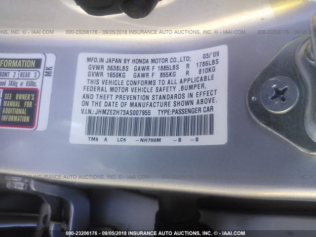 JHMZE2H73AS007955 - 2010 HONDA INSIGHT EX SILVER photo 9