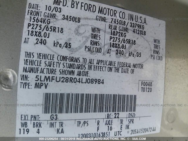 5LMFU28R04LJ08984 - 2004 LINCOLN NAVIGATOR Brun photo 9