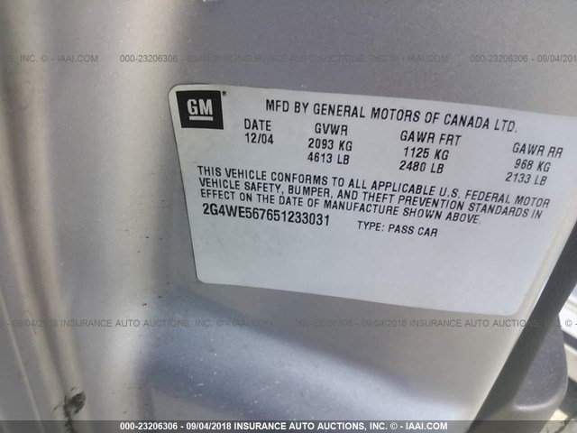 2G4WE567651233031 - 2005 BUICK LACROSSE CXS SILVER photo 9