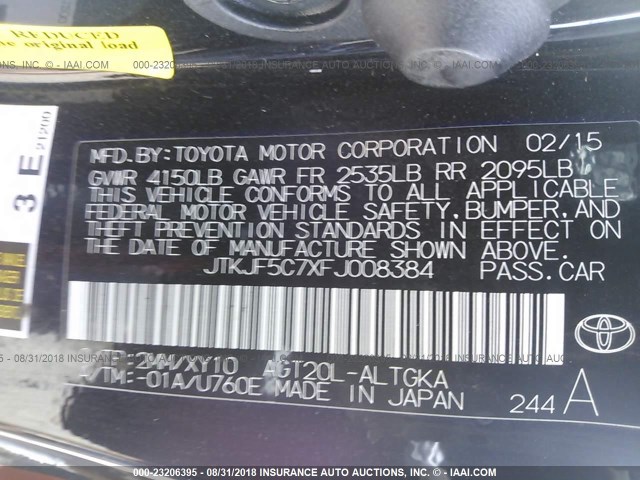 JTKJF5C7XFJ008384 - 2015 TOYOTA SCION TC 黑色 照片 9