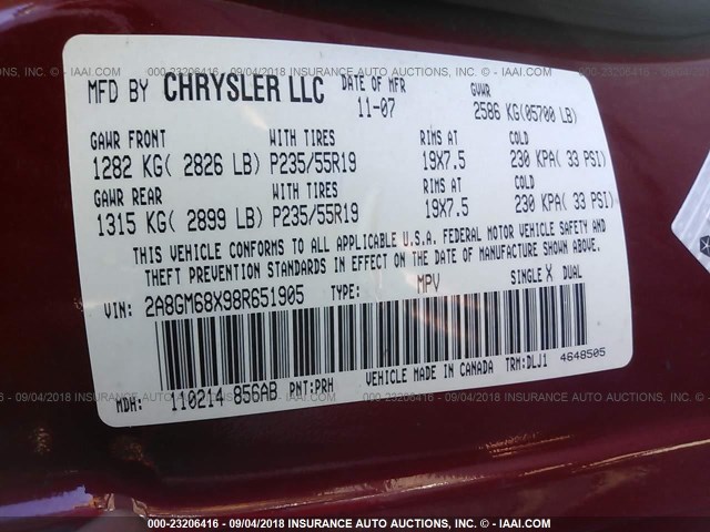 2A8GM68X98R651905 - 2008 CHRYSLER PACIFICA TOURING RED photo 9