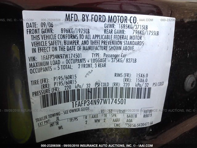 1FAFP34N97W174501 - 2007 FORD FOCUS ZX4/S/SE/SES მუქწითელი ფოტო 9