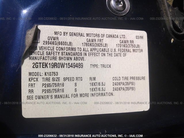 2GTEK19R0W1549489 - 1998 GMC SIERRA K1500 BLUE photo 9