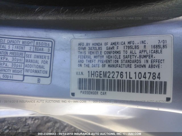 1HGEM22761L104784 - 2001 HONDA CIVIC HX SILVER photo 9