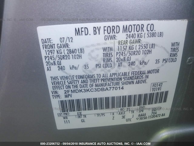 2FMDK3KC3DBA77014 - 2013 FORD EDGE LIMITED SILVER photo 9