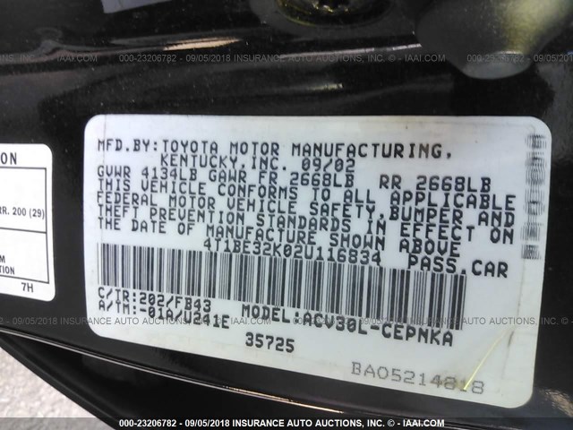 4T1BE32K02U116834 - 2002 TOYOTA CAMRY LE/XLE/SE Қара фото 9