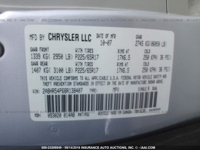 2A8HR54P68R138407 - 2008 CHRYSLER TOWN & COUNTRY TOURING SILVER photo 9