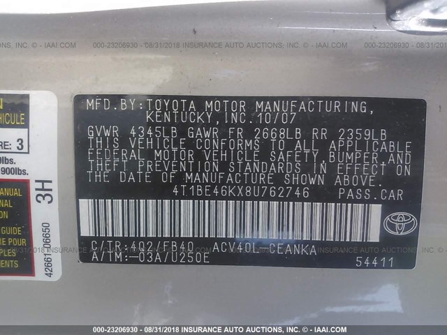 4T1BE46KX8U762746 - 2008 TOYOTA CAMRY CE/LE/XLE/SE GOLD photo 9