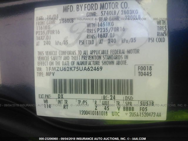 1FMZU62K75UA62469 - 2005 FORD EXPLORER XLS/XLS SPORT BLUE photo 9