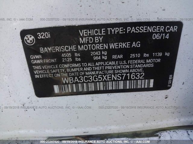 WBA3C3G5XENS71632 - 2014 BMW 320 I/XDRIVE WHITE photo 9