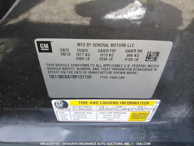 1G11B5SA1DF137199 - 2013 CHEVROLET MALIBU LS Boz foto 9