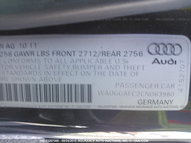 WAUGGAFC2CN063980 - 2012 AUDI A6 PREMIUM PLUS BLACK photo 9