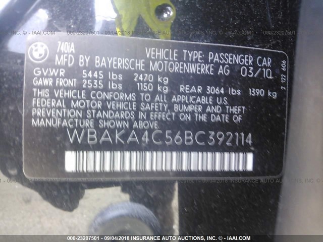 WBAKA4C56BC392114 - 2011 BMW 740 I BLACK photo 9