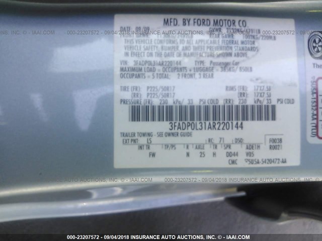 3FADP0L31AR220144 - 2010 FORD FUSION HYBRID Light Blue photo 9