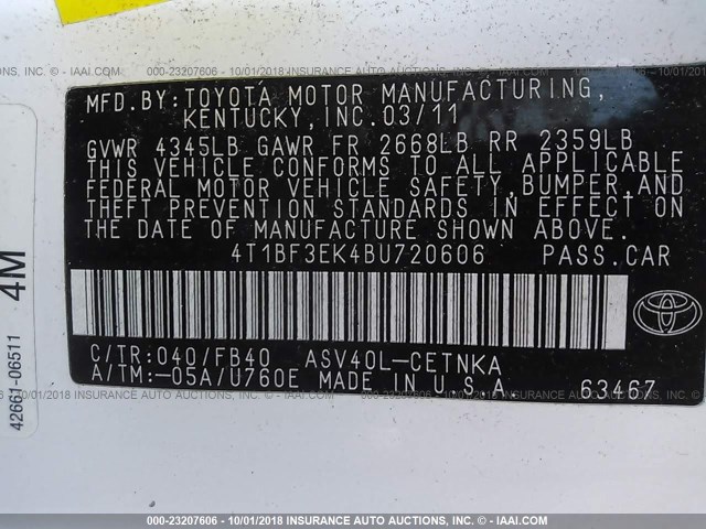 4T1BF3EK4BU720606 - 2011 TOYOTA CAMRY SE/LE/XLE 白色 照片 9