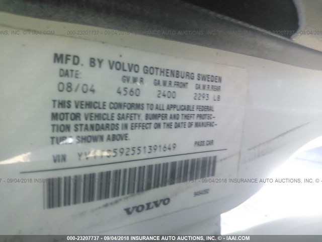 YV1TS592551391649 - 2005 VOLVO S80 2.5T WHITE photo 9