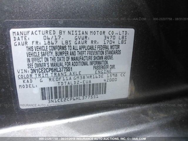 3N1CE2CP6HL377551 - 2017 NISSAN VERSA NOTE S/S PLUS/SV/SL/SR GRAY photo 9