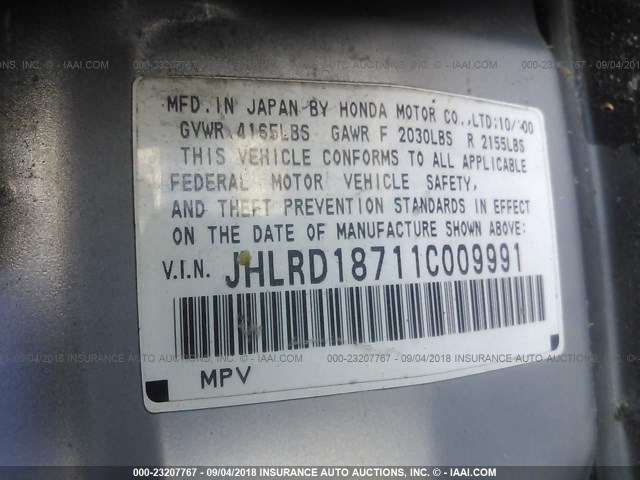 JHLRD18711C009991 - 2001 HONDA CR-V SE/LE SILVER photo 9