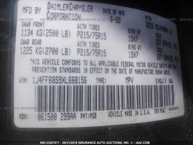 1J4FF68S9XL668156 - 1999 JEEP CHEROKEE SPORT/CLASSIC მწვანე ფოტო 9