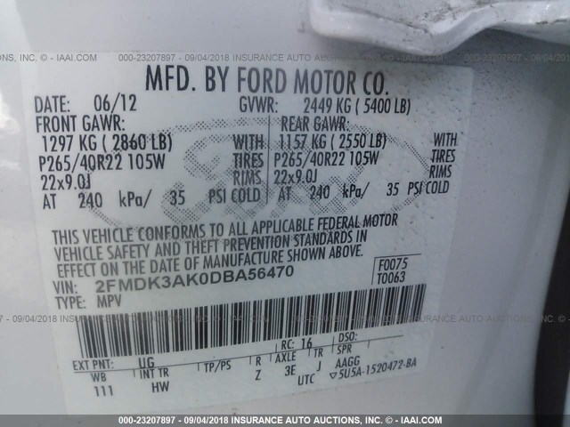 2FMDK3AK0DBA56470 - 2013 FORD EDGE SPORT WHITE photo 9