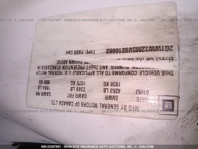 2G1WW12M5V9210663 - 1997 CHEVROLET MONTE CARLO LS თეთრი ფოტო 9