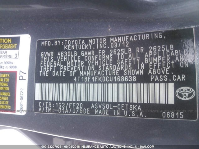 4T1BF1FK0CU168638 - 2012 TOYOTA CAMRY SE/LE/XLE GRAY photo 9